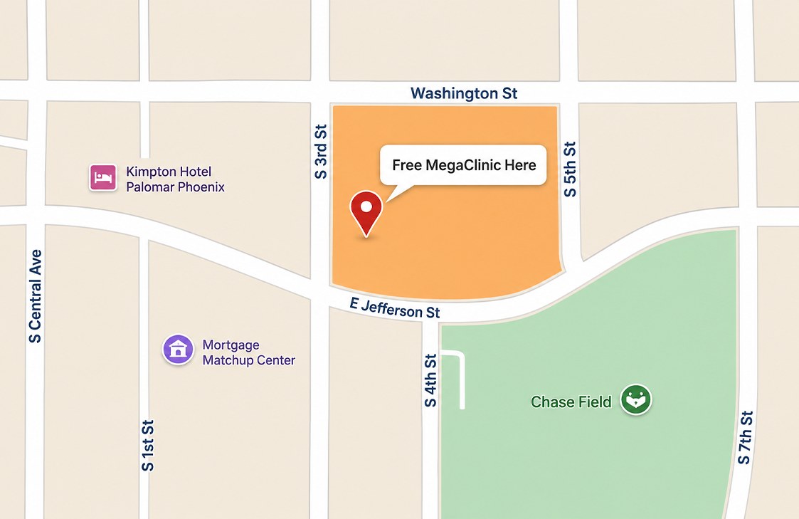 Street map showing the Free MegaClinic at the Phoenix Convention Center South Hall, between Washington St and E Jefferson St at S 3rd St