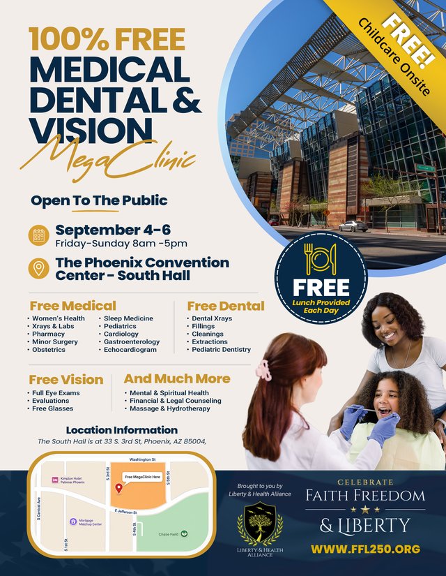 MegaClinic flyer — 100% Free Medical, Dental & Vision MegaClinic, September 4–6, Phoenix Convention Center South Hall